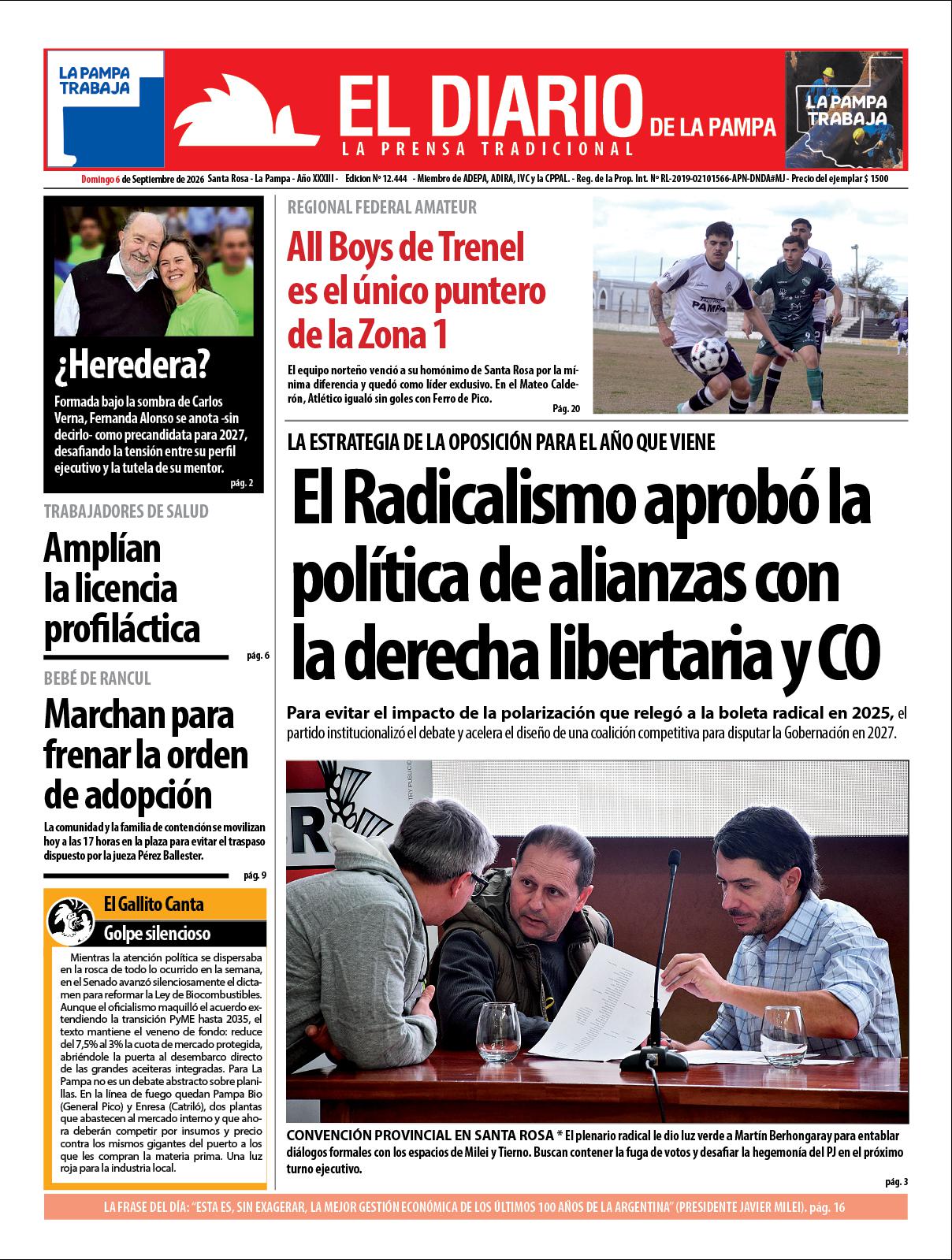 Tapa de El Diario en papel  domingo 06 de septiembre de 2026